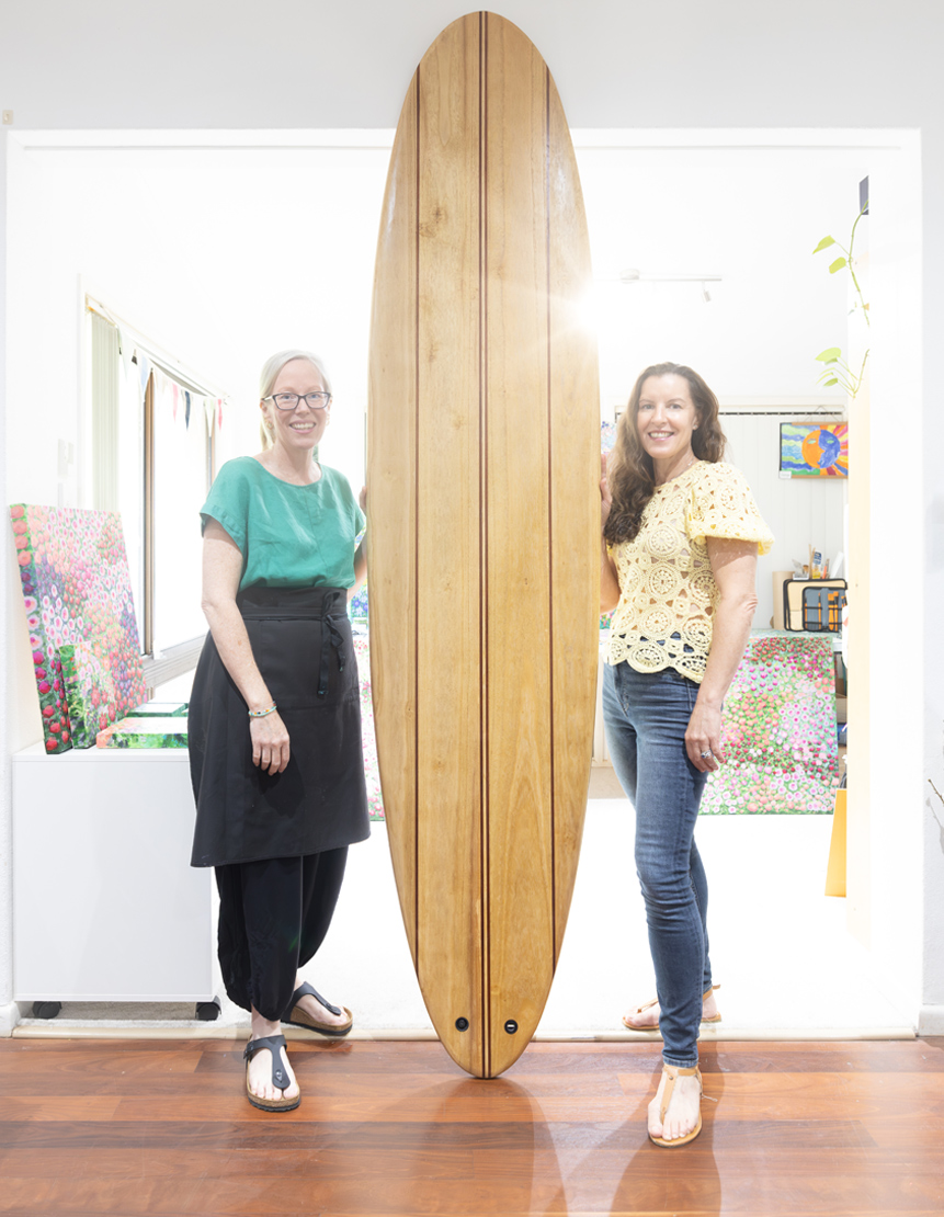 Sam Matthews (artist) and Katherine Kemp FGAA  (Ruby Red Jewellery) with the board before painting